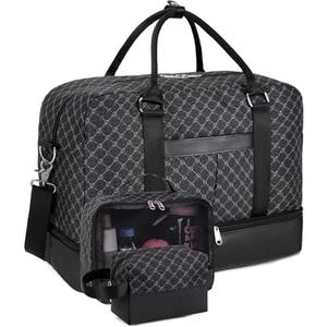 BOVIP Weekender Bags for Women Overnight Bag Large Canvas Travel Duffel Bag with Shoe Compartment Carry On Tote Bag 3Pcs Set Black