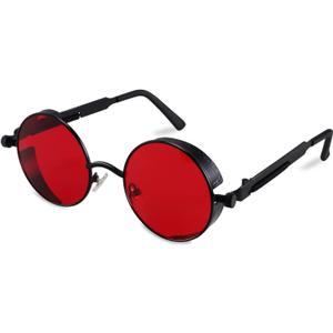 FEISEDY Retro Gothic Steampunk Sunglasses Round Metal Frame Punk Circle Inspired Shade Men B1857, Black/Red