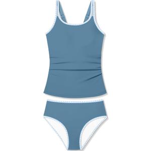Girls Swimsuit Solid Color 2 Piece Girls Tankini Swimsuit Contrast Trim Teen Bathing Suit Padded Modest Swimwear 11-12y