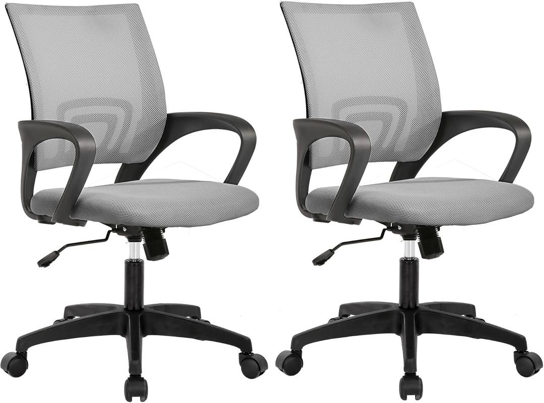 BestOffice | Ergonomic Office Chair | Mid-Back Swivel Desk Chair | Breathable Backrest & Lumbar Support | Adjustable Height | Sponge Seat | Rolling Wheels | Grey | for Adults & Women | Pack of 2