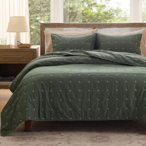 Bedsure 100% Cotton Quilt Set - King Size Bedspread, Lightweight Soft Bed Coverlet, PureWoven, 3-Piece Cozy Stitching Comforter with 2 Pillow Shams in Embroidery Clover Pattern, 106x96 in, Olive Green