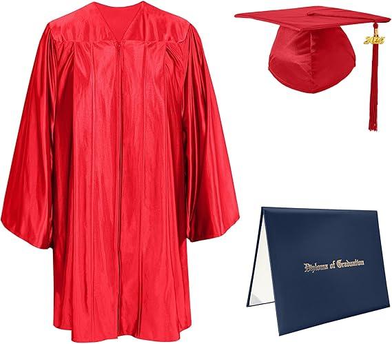 Shiny Kindergarten Red Graduation Gown Cap Tassel with 2025 Year Charm Size 54 Large and Diploma Cover