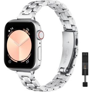 STIROLL Thin Replacement Band Compatible for Apple Watch 49mm 46mm 45mm 44mm 42mm(Series 3 2 1), Stainless Steel Metal Wristband Women Men for iWatch Ultra SE Series 11 10 9 8 7 6 5 4, Silver