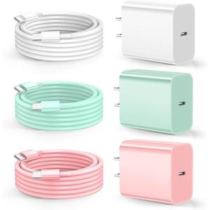 Dayaoncy Compatible with iPhone 17/16/15 Charger Fast Charging, 20W USB C Wall Charger with 3Pack 10FT USB C to C Cable, Type C to Type C Fast Charger Compatible with Phone/Android/Phone/Samsumg/Pad (White Green Pink)