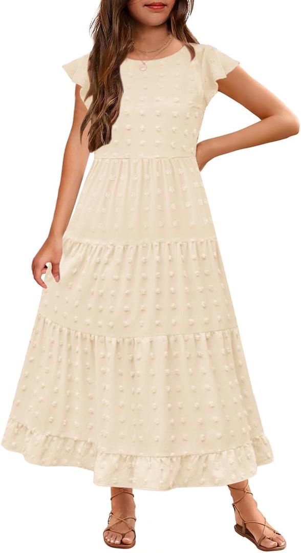HOSIKA Girls Maxi Dress Boho Swiss Dot A-Line Tiered Casual Party Dresses (Beige)