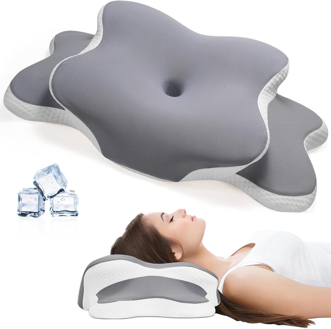 Neck Pain Relief Pillow - Ergonomic Cervical Support with Dual-Height Butterfly Contour Memory Foam & Cooling Ice Silk Cover for Side and Back Sleepers,Grey (24.4*14.96*5.11 inch, Gray)