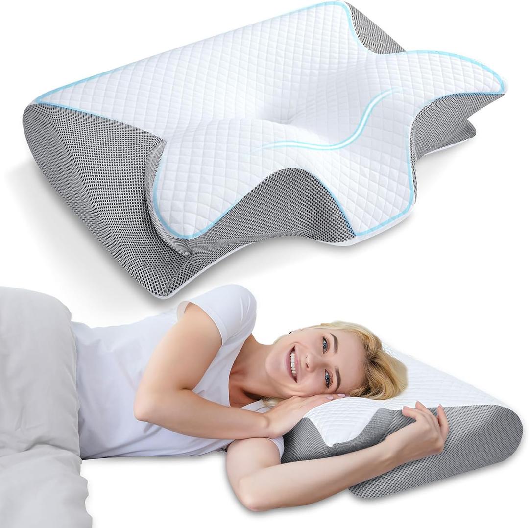 HOMCA Memory Foam Cervical Pillow, 2 in 1 Ergonomic Contour Orthopedic Pillow for Neck Pain, Contoured Support Pillows for Side Back Stomach Sleepers (Grey)