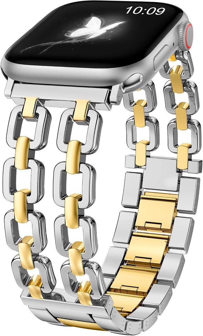 Wearlizer Compatible with Apple Watch Bands 49/46/45/44/42mm(Series 3) Women, Dressy Fancy Metal Chain Pretty Strap Designer Gold Silver Link Bracelet for iWatch Ultra SE Series 10 9 8 7 6 5 4 3 2 1