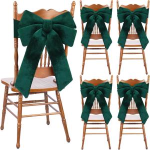 Janinka Set of 4 Christmas Velvet Chair Sashes Bows Covers Large Green Bows Seat Covers Xmas Chairs Decoration for Chair Living Room Kitchen Holiday Party Decorations(15.7 x 23.6 Inch)