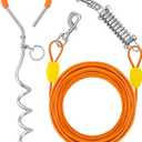 Petbobi Dog Tie-Out Cable and Stake - 30ft Heavy Duty Cable with Spring, No Tangle, 16in Ground Stake, Ideal for Yard, Camping and Beach, Suitable for Small Medium Large Dogs Up to 120 lbs, Orange
