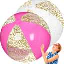 2 Pcs 48'' Giant Beach Balls for Swimming Pool 4 Ft Jumbo Glitter Confetti Inflatable PVC Pool Balls Large Summer Blow up Beach Toys for Adults Summer Outdoor Party Favor(Pink White)