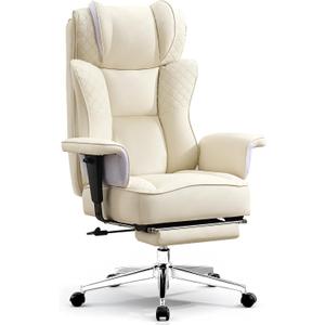 Big and Tall Office Chair, Ergonomic Leather Reclining Chair with Footrest, High-Back Comfy Executive Computer Desk Chairs with Lumbar Support, Wide Seat, 400LBS (Beige)