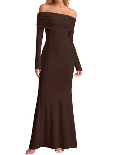KUTUMAI Elegant Off Shoulder Long Sleeve Maxi Dresses for Women Fall Bodycon Fishtail Formal Wedding Guest Dress Brown L