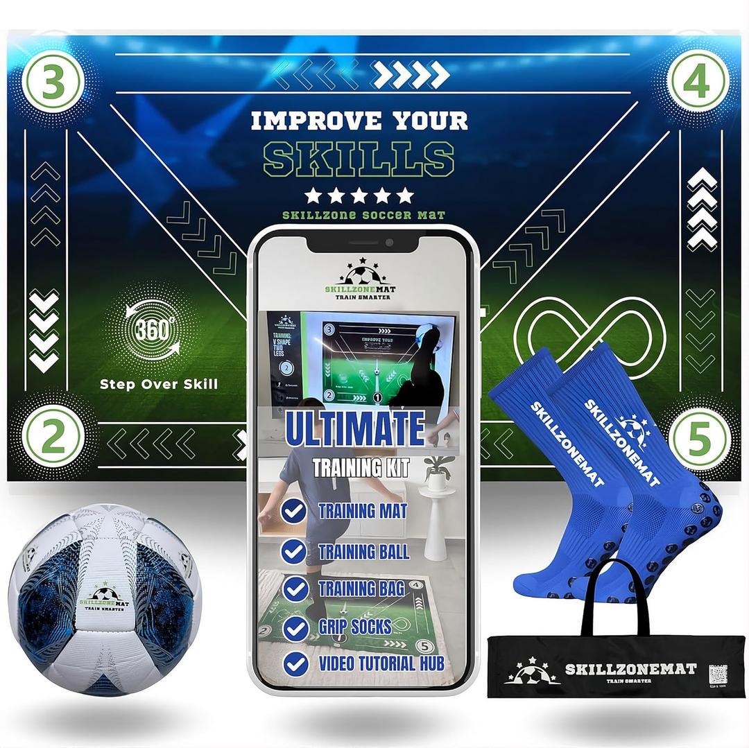 SkillZone Soccer Training Mat with Ball  Dribbling & Footwork Trainer | Indoor/Outdoor Soccer Training Kit with Video Hub, Grip Socks & Carry Bag | Control & Agility Practice