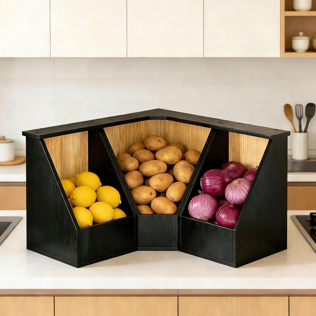 Jolitac Wood Pantry Storage Bins, Potato and Onion Storage Bin for Pantry and Kitchen Counter Multipurpose Organization Containers for Produce, Fruits, Vegetable, Set 3 Pieces