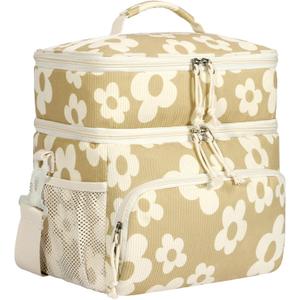 HowFly Corduroy Insulated Lunch Bag Box for Women Men - Double Deck - Soft Reusable Thermal Portable Cooler Tote Bag for Work Travel, Khaki Flower