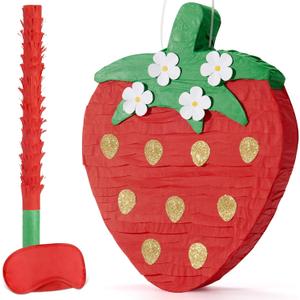 Wernnsai Red Strawberry Piata For Kids - Strawberry Baby Shower Piata Strawberry Birthday Party Decorations Summer Fruit Themed Party Game Supplies With Bat Blindfold 16.5" 11.6" 3"