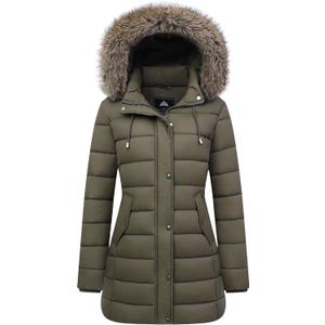 Women's Winter Thickened Down Jacket Warm Long Puffer Coat Waterproof Parka with Faux Fur Removable Hood (Large, Army Green)