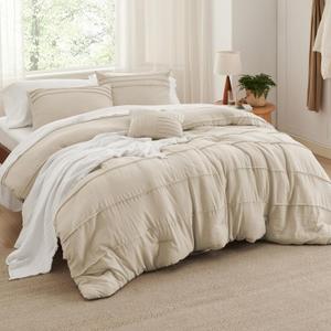 Bedsure Queen Comforter Set - 4 Pieces Pinch Pleat Bed Set, Linen Boho Bedding for All Season, 1 Soft Comforter, 2 Pillowcases, 1 Decorative Pillow