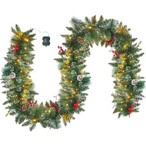9 Ft Christmas Garland with Lights - Realistic Snow Prelit Christmas Garland with Pine Cones Red Berries Xmas Garland with Timer for Fireplace Railing Door Christmas Decor (Battery NOT Included)