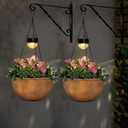 BAYN 2 Packs Solar Hanging Basket Planters for Plants Outdoor, Self Watering Bronze Flower Plants Pots with Solar Light Drainer for Balcony Patio Garden Outdoor Decoration