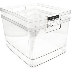 Isaac Jacobs 2-Pack Extra-Large Clear Storage Bins (11.5 L x 14 W x 9 H) w/Cutout Handles, Plastic Organizer for Home, for Kitchen, Fridge, Pantry, BPA Free, Food Safe (2-Pack, Extra-Large)