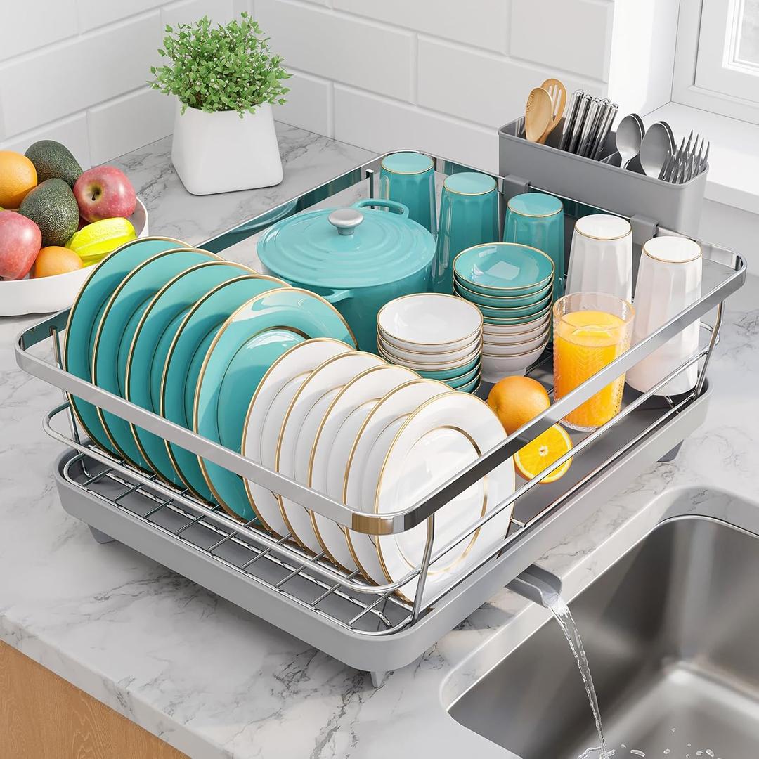 Sakugi Stainless Steel Dish Drying Rack for Kitchen Counter, Sink Organization and Storage Essentials with Silverware & Utensil Holder, Home and Apartment Decor, 12''W x 15.5''L, Silver, Standard - 12"w X 15.5"l