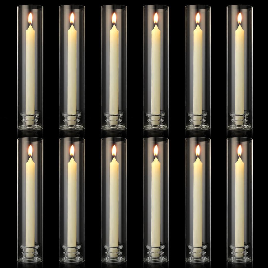 12 Sets Modern Candle Stand with Chimney Cover Taper Candle Holders Glass Hurricane Candle Holder for Tapered Candles 12inch Large Crystal Candlestick Holder Stand with Cylinder Sleeves for Wedding