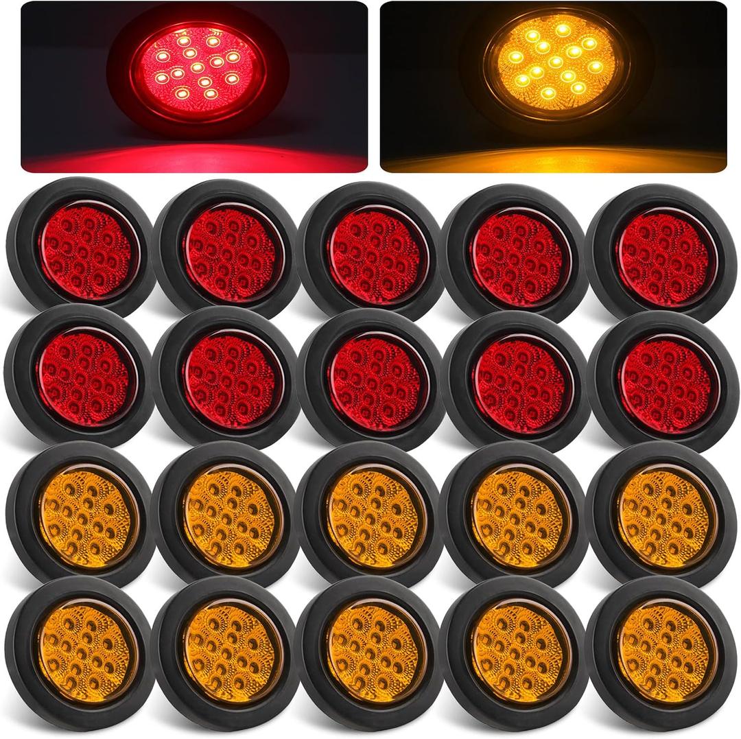 2.5" Round LED Marker Lights 13 LEDs w/Reflectors, 10 Amber + 10 Red 2 1/2" Round LED Trailer Marker Lights Truck RV Side Clearance Marker Lights Sealed Flush Grommets Mount w/2 Prong Wire Pigtails