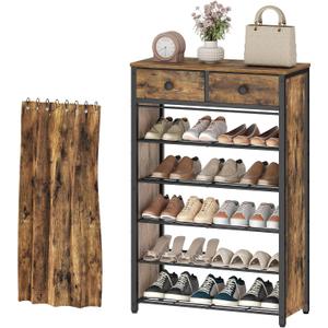 YATINEY 6-Tier Shoe Rack with 2 Non-Woven Drawers, Entryway Shoe Storage with Dust Cover, Metal Shoe Organizer, Space Saving Shoe Cabinet, for Entryway, Closet, Hallway, Rustic Brown and Black SS33BR