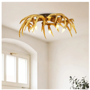 Meefad Rustic Antler Ceiling Light - Farmhouse Flush Mount, 5-Light Antler Chandelier for Dining & Living Room
