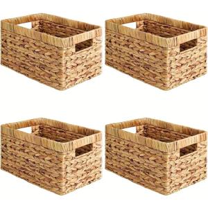 Water Hyacinth Storage Baskets for Shelves Set of 4 Wicker Baskets for Storage and Organizing, Woven Shelf Baskets with Handles for Pantry, Kitchen, Bathroom and Bedroom, 13" x 8.25" x 7"