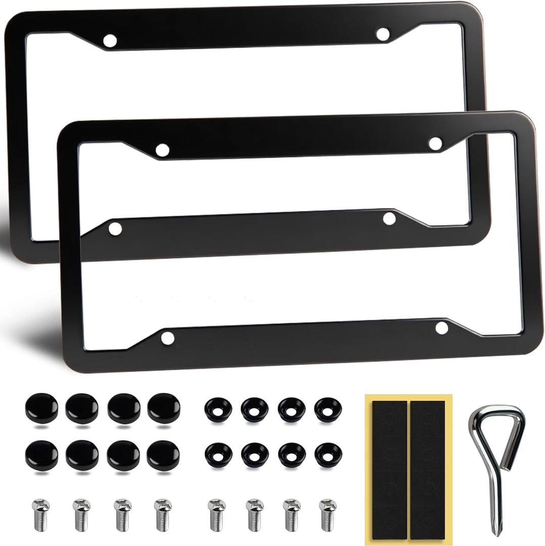 OLLEN Aluminum License Plate Frames for Front & Rear, 2 Pack Heavy Duty Car Tag Holder Protector, with Mount Hardware, Screws Caps, 8 Rattle Proof Pads, Screwdriver, Matte Black