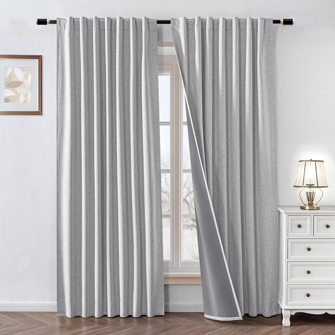 100% Blackout Curtains 90 inch Length 1 Panel Faux Linen Long Drapes for Bedroom Living Room Black Out Room Darkening Curtain Thermal Insulated Back Tab Rod Pocket(W70 x L90, Off-White)