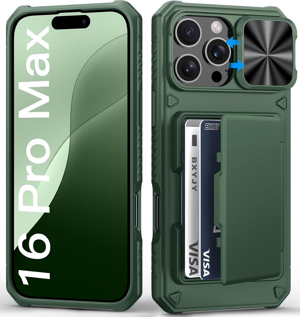 for iPhone 16 Pro Max Wallet Case, Built-in Credit Card Holder (4-5 Cards), Military Protection, Slide Lens Cover, Rugged Heavy Duty Women Men Protective Phone Case for iPhone 16Pro Max, Green