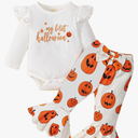 My First Halloween Outfit Newborn Baby Girl Outfits Pumpkin Long Sleeve Ribbed Romper Flare Pant Headband 3Pcs, 6-12M