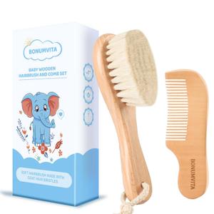 Baby Hair Brush and Comb Set, Wooden Baby Hair brush with Soft Goat Bristle and Wood Comb for Newborn Essentials, Good for Cradle Cap
