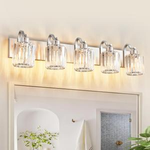 Modern Crystal Bathroom Vanity Light 5 Light Brushed Nickel Vanity Lighting Over Mirror Bathroom Wall Lighting Fixtures with Round Shade (Exclude Bulb)