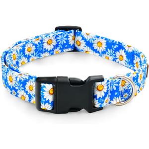 Tunkoo Blue Daisy Dog Collar, Cute Adjustable Premium Cotton Collar Durable Plastic Buckle for Small Medium Large Boys Girls Dogs, S