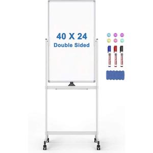 Rolling Whiteboard, 40" x 24" Magnetic Mobile White Board, Double Sided Dry Erase Board with Stand, Standing Whiteboard Easel on Wheels for Home School, Office and Classroom