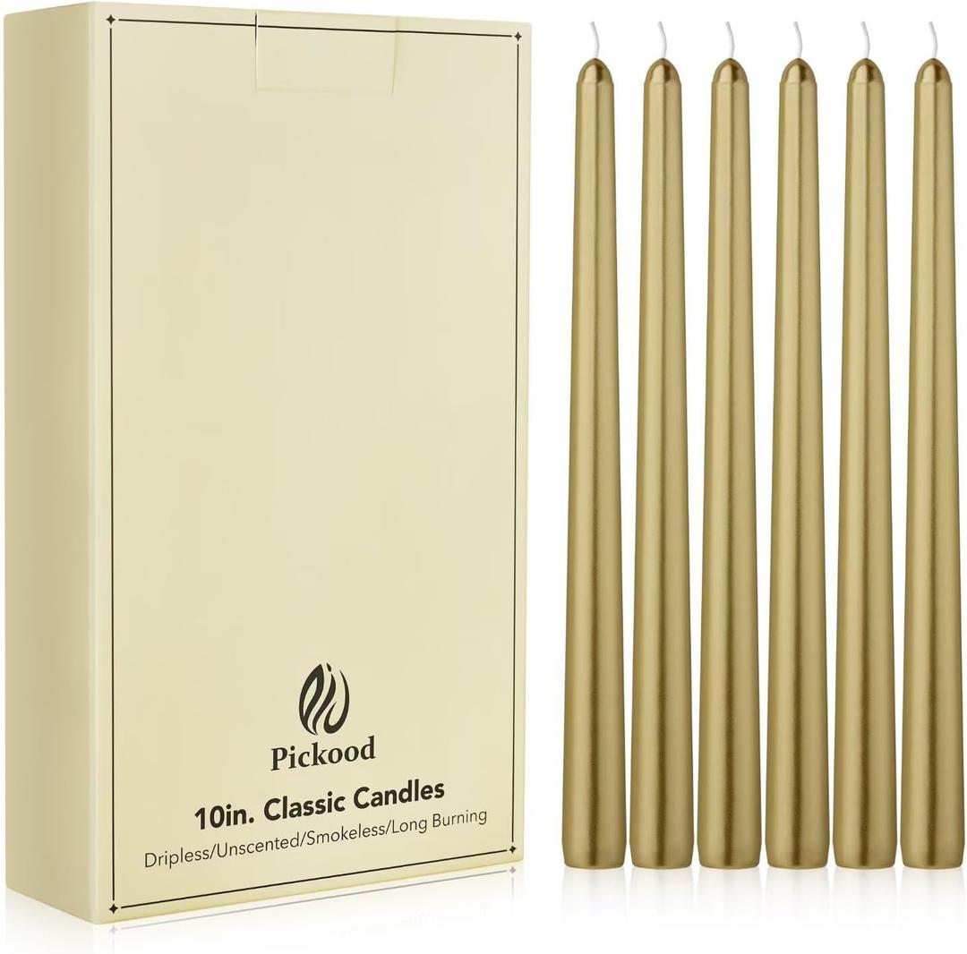 New Burning Formula Unscented Dripless 10-Inch Taper Candles Set of 12 - Gold, for Wedding, Dinner - Smokeless, Long Burning - Hand Poured, Colored Tall Candlesticks - Oro
