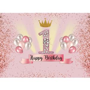 7x5ft Pink 1st Birthday Backdrop for Girls Princess 1 Year Old Birthday Party Sign Supplies Ballons Gold Crown Decor Photography Background