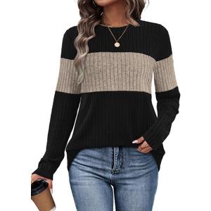 WIHOLL Womens Sweaters Trendy Color Block Tops Long Sleeve Shirts Fall Outfits Early Fall Fashion 2025 Winter Clothing (Small, Khaki)