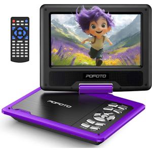POFOTO 9.5" Portable DVD Player for Kids and Car with 7.5" Swivel Screen, 4-6 Hours Working Time, Car DVD Player with Dual Speakers, Remote Control, Support Sync TV, Region Free USB/SD/AV - Purple