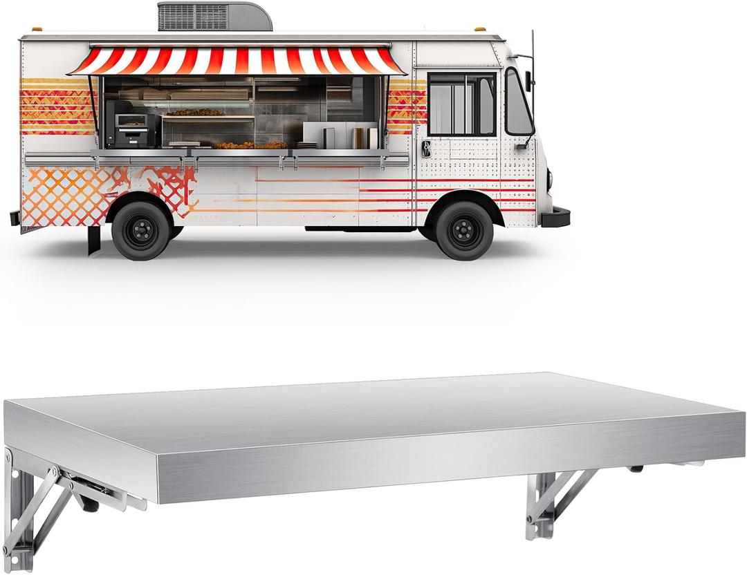 1 Pack Stainless Steel Shelf Folding Concession Wall Mounted Shelves Commercial Serving Stand Shelves for Food Truck Trailer Windows Restaurant Kitchen Home Utility Room Garage (12"x24")