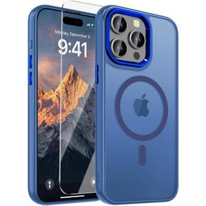 WRJ Case for iPhone 15 Pro Max with Screen Protector, Magnetic Translucent Phone Case for Women Men [Compatible with Magsafe] Slim Anti-Fingerprints Shockproof Protective Cover-Blue