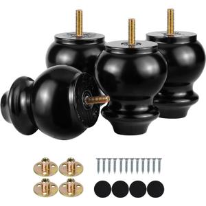 4 Inch Wood Furniture Legs Bun Feet Replacement Chunky Wooden Furniture Feet for Sofa Couch Set of 4 (4 Inch Black)