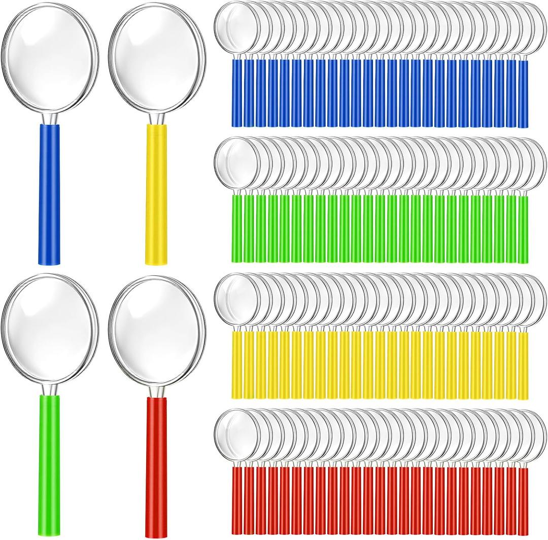 100 Pcs 10X Magnifying Glasses Bulk, 45 MM Colorful Handheld Reading Magnifier Mini Plastic Magnifiers for Reading Book, Newspaper, Outdoor Exploration, Science (4 Colors)