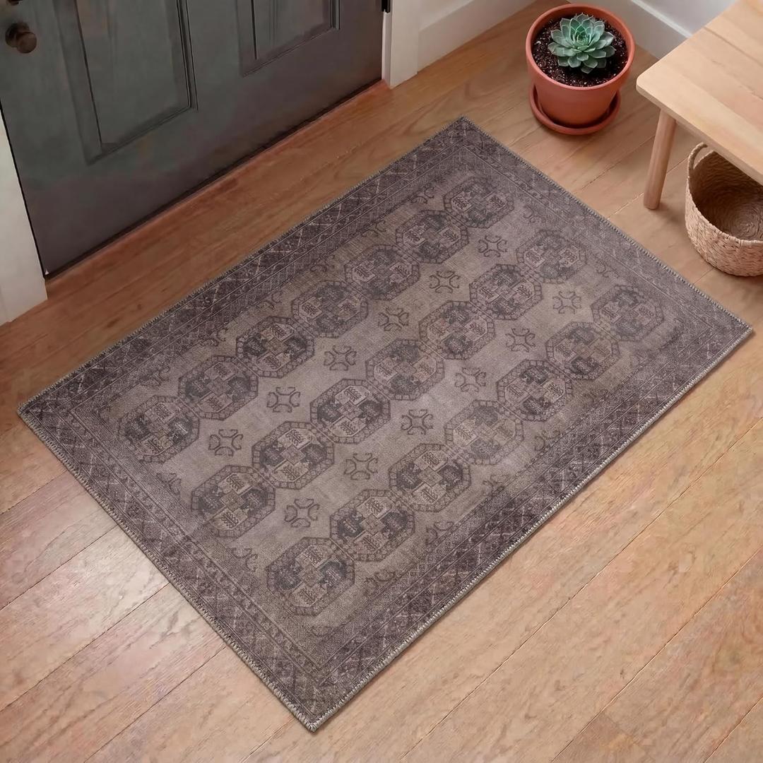 Kuden 2x3 Small Rug, Machine Washable, Non-Slip Backing, Vintage Style, Soft, Low Pile, Area Rugs for Entryway Kitchen Indoor Entrance (Brown)