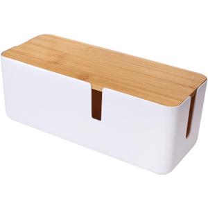 Changsuo Small Cable Management Box with Bamboo Lid for Extension Cord Power Stripe Surge Protector Wire Concealer Organizer Cover Hider (White)